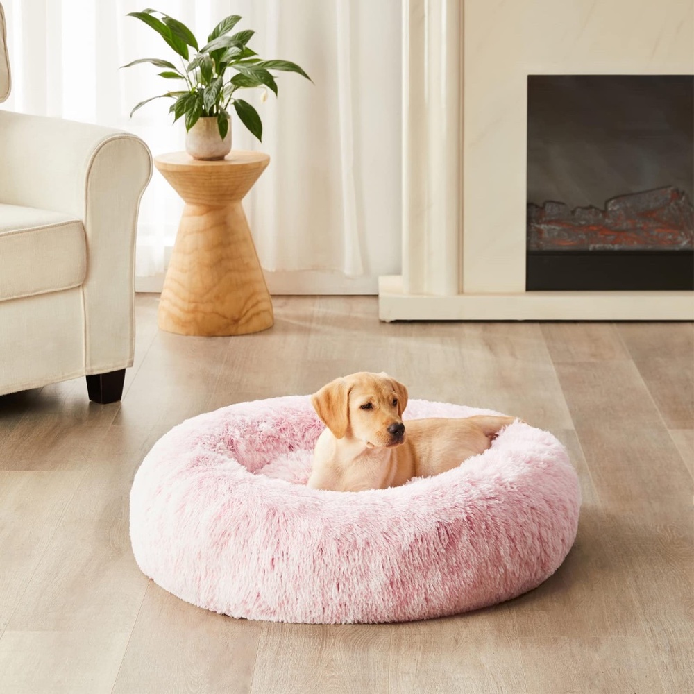 Fluffy Donut Dog Bed Calming Pet Nest – Pink, Grey, White, Brown